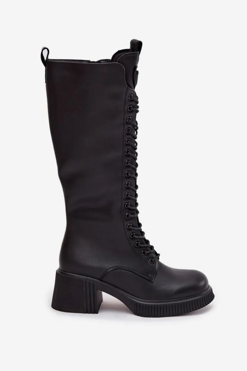Kozaki Ocieplane|Kozaki Przed Kolano>Buty damskie Vinceza Skórzane Sznurowane Kozaki Na Klocku Ocieplane Vinceza 66804 Czarne