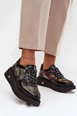 New Artiker Skórzane Sznurowane Półbuty Damskie Na Platformie 57C2042 Czarno-Złote Czarny