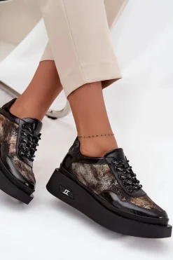 New Artiker Skórzane Sznurowane Półbuty Damskie Na Platformie 57C2042 Czarno-Złote Czarny