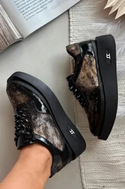 New Artiker Skórzane Sznurowane Półbuty Damskie Na Platformie 57C2042 Czarno-Złote Czarny