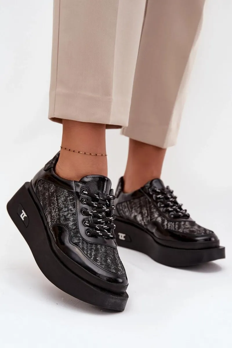 Buty Sportowe Na Platformie|Półbuty Skórzane>Artiker Skórzane Sznurowane Półbuty Damskie Na Platformie 57C2043 Czarno-Srebrne Czarny