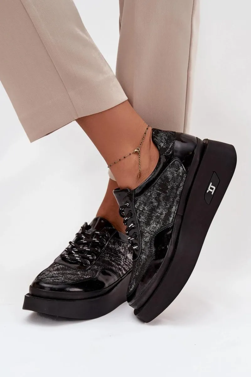 Buty Sportowe Na Platformie|Półbuty Skórzane>Artiker Skórzane Sznurowane Półbuty Damskie Na Platformie 57C2043 Czarno-Srebrne Czarny