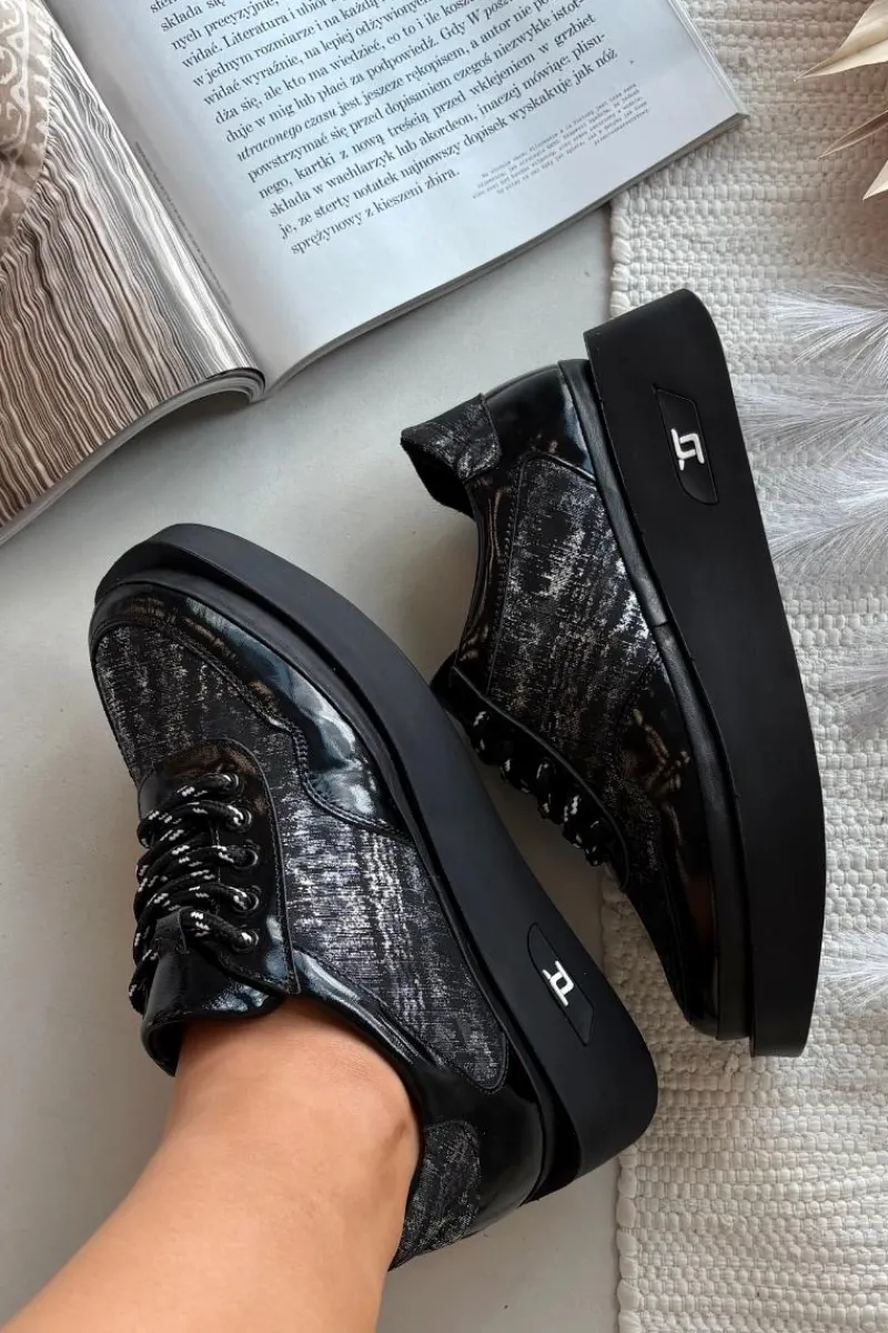 Buty Sportowe Na Platformie|Półbuty Skórzane>Artiker Skórzane Sznurowane Półbuty Damskie Na Platformie 57C2043 Czarno-Srebrne Czarny