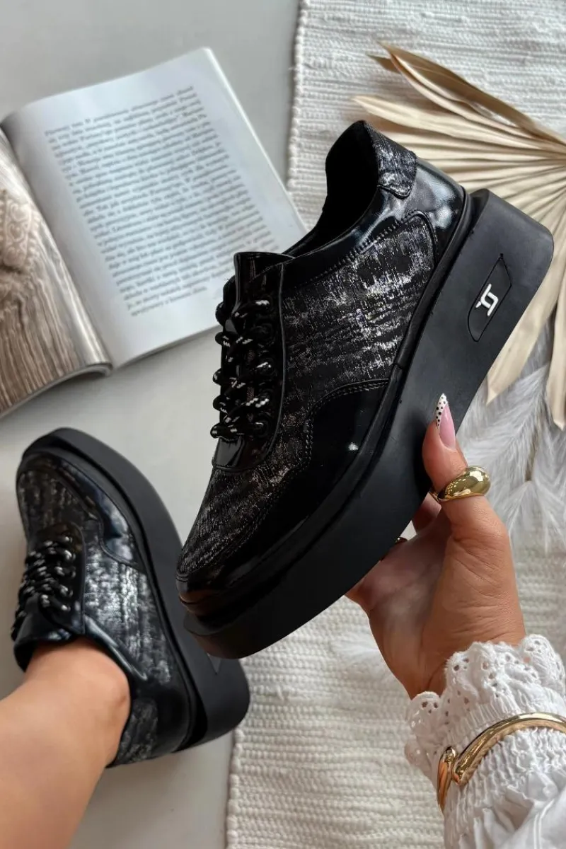 Buty Sportowe Na Platformie|Półbuty Skórzane>Artiker Skórzane Sznurowane Półbuty Damskie Na Platformie 57C2043 Czarno-Srebrne Czarny