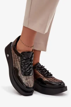 Outlet Skórzane Sznurowane Półbuty Damskie Na Platformie 57C2044 Czarne Damskie Buty Sportowe Na Platformie|Półbuty Skórzane