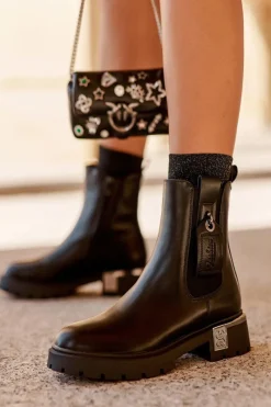 Best Skórzane Sztyblety Botki Na Płaskim Obcasie Z Ozdobami Czarne Shandee Damskie Czarne Botki|Botki Płaskie