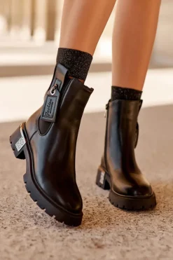 Best Skórzane Sztyblety Botki Na Płaskim Obcasie Z Ozdobami Czarne Shandee Damskie Czarne Botki|Botki Płaskie