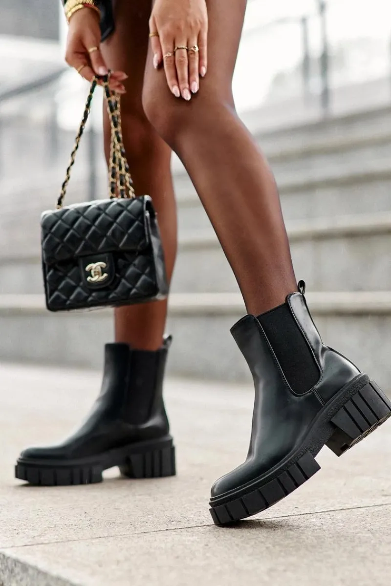 Czarne Botki|Botki Płaskie>Boto Skórzane Sztyblety Botki Na Masywnym Płaskim Obcasie Czarne Keva