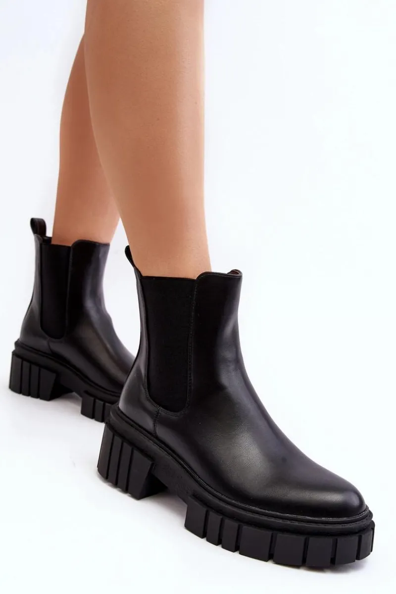 Czarne Botki|Botki Płaskie>Boto Skórzane Sztyblety Botki Na Masywnym Płaskim Obcasie Czarne Keva