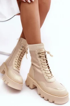 Hot Boto Skórzane Szurowane Masywne Workery Botki Damskie Beżowe Seloma