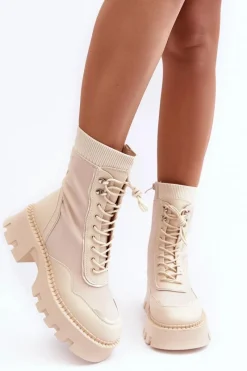 Hot Boto Skórzane Szurowane Masywne Workery Botki Damskie Beżowe Seloma