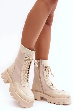 Hot Boto Skórzane Szurowane Masywne Workery Botki Damskie Beżowe Seloma