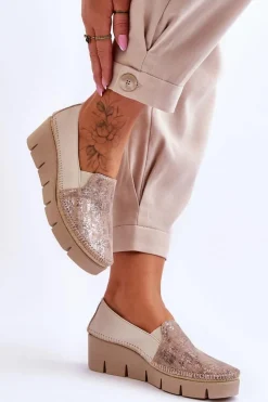 Trampki Damskie Slip-On|Trampki Damskie Niskie></noscript>Maciejka Skórzane Tenisówki Na Koturnie 5814A-10 Beżowe Beżowy