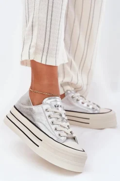 Online GOE Skórzane Trampki Damskie Na Platformie RR2N4108 Srebrne Srebrny