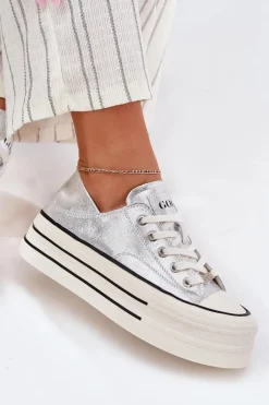 Online GOE Skórzane Trampki Damskie Na Platformie RR2N4108 Srebrne Srebrny