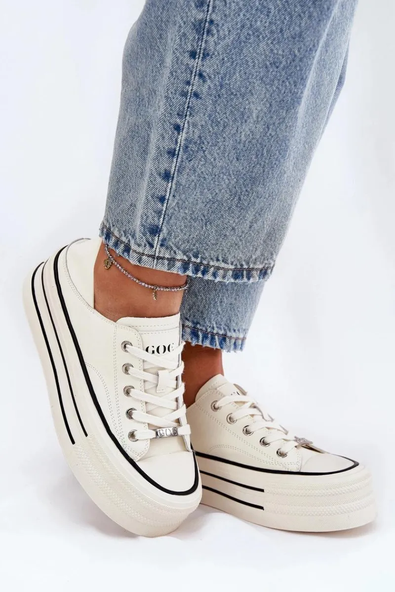 Trampki Damskie Niskie>GOE Skórzane Trampki Damskie Na Platformie RR2N4106 Białe Biały