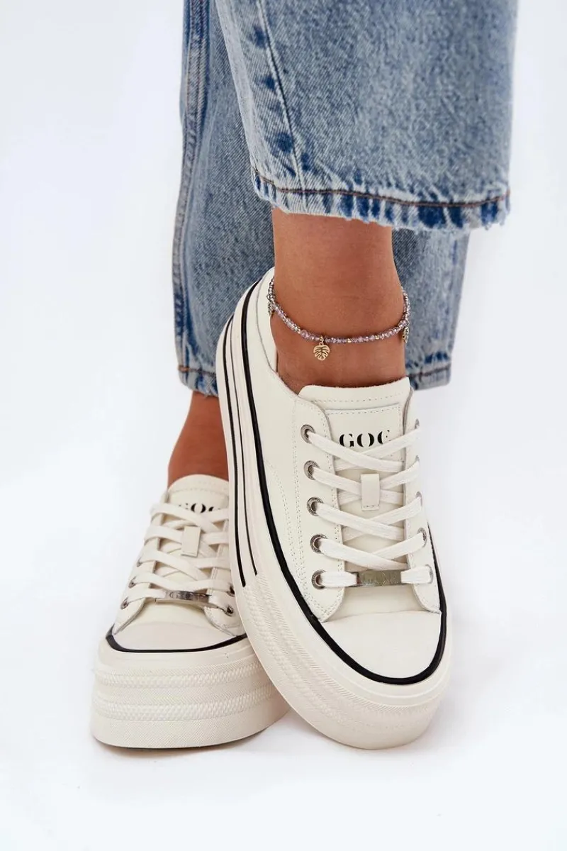 Trampki Damskie Niskie>GOE Skórzane Trampki Damskie Na Platformie RR2N4106 Białe Biały
