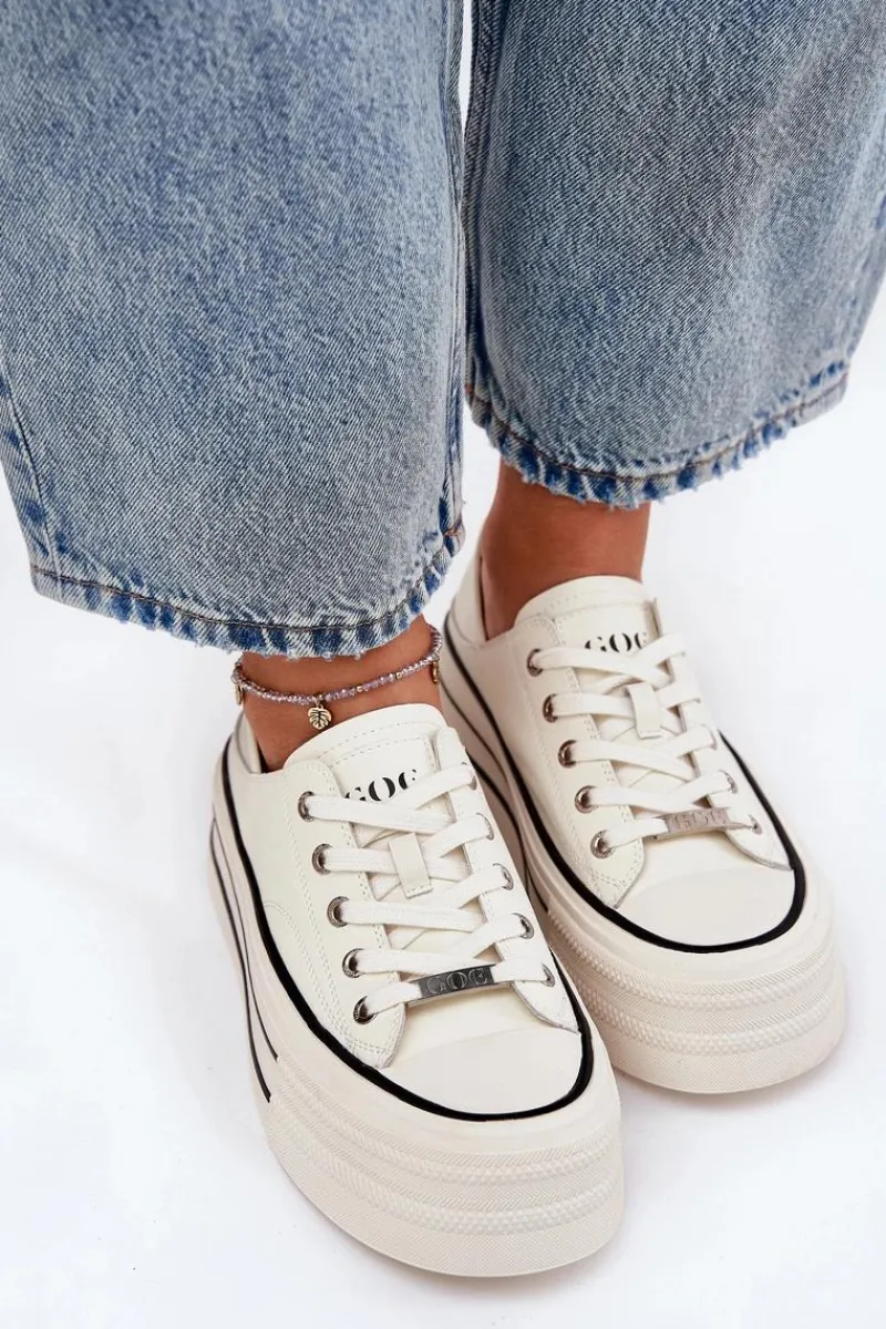 Trampki Damskie Niskie>GOE Skórzane Trampki Damskie Na Platformie RR2N4106 Białe Biały