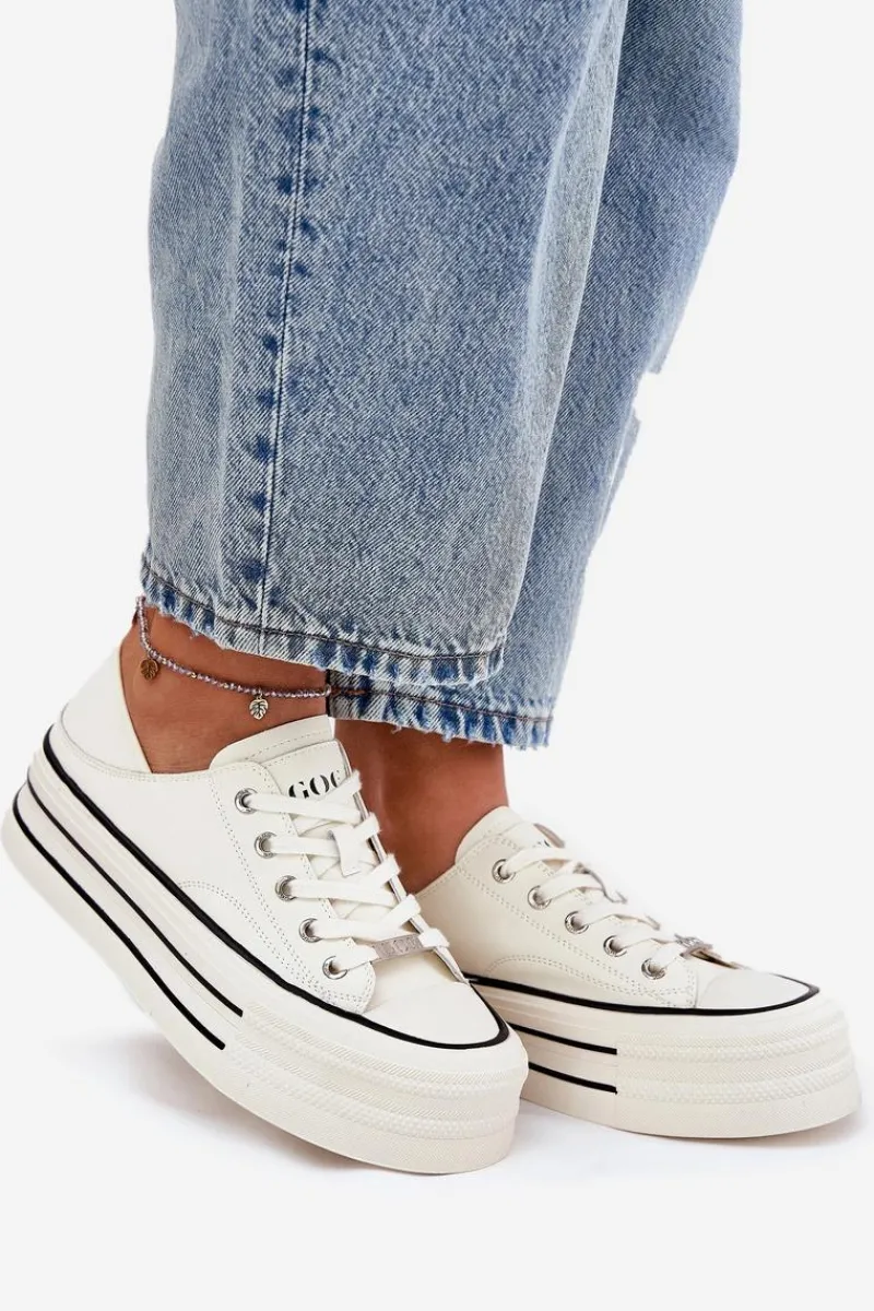 Trampki Damskie Niskie>GOE Skórzane Trampki Damskie Na Platformie RR2N4106 Białe Biały