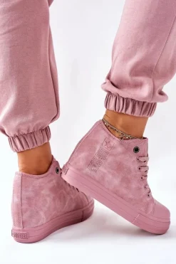 Sale Big Star Shoes Skórzane Trampki Na Koturnie Big Star II274092 Różowe