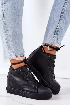 Sale Skórzane Trampki Na Koturnie Big Star EE274127 Czarne Damskie Trampki Damskie Big Star|Big Star