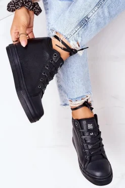 Sale Skórzane Trampki Na Koturnie Big Star EE274127 Czarne Damskie Trampki Damskie Big Star|Big Star