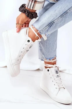 Trampki Damskie Big Star|Big Star>Big Star Shoes Skórzane Trampki Na Koturnie Big Star EE274128 Białe