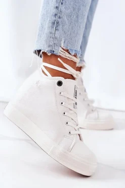 Trampki Damskie Big Star|Big Star>Big Star Shoes Skórzane Trampki Na Koturnie Big Star EE274128 Białe