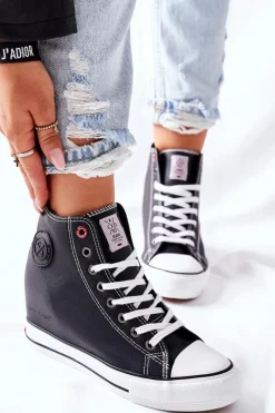 Outlet Skórzane Trampki Na Koturnie II2R4025 Czarne Damskie Trampki Damskie Cross Jeans|Sneakersy Damskie