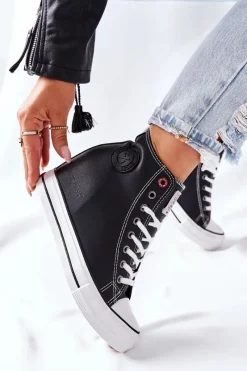 Outlet Skórzane Trampki Na Koturnie II2R4025 Czarne Damskie Trampki Damskie Cross Jeans|Sneakersy Damskie