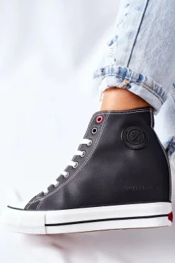 Outlet Skórzane Trampki Na Koturnie II2R4025 Czarne Damskie Trampki Damskie Cross Jeans|Sneakersy Damskie