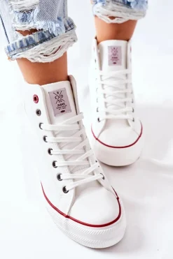 Sale Cross Jeans Skórzane Trampki Na Koturnie II2R4024 Białe