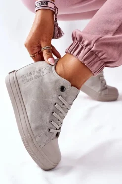 Trampki Damskie Big Star|Big Star>Big Star Shoes Skórzane Trampki Na Koturnie Big Star II274093 Szare