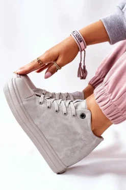 Trampki Damskie Big Star|Big Star>Big Star Shoes Skórzane Trampki Na Koturnie Big Star II274093 Szare