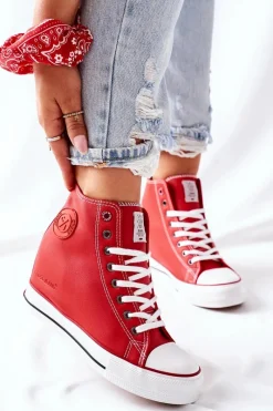 Trampki Damskie Cross Jeans|Sneakersy Damskie>Cross Jeans Skórzane Trampki Na Koturnie II2R4026 Czerwone