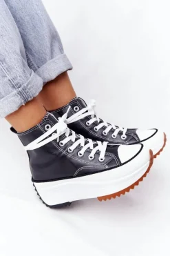 Trampki Damskie Wysokie>Boto Skórzane Trampki Na Platformie Czarne Coachella