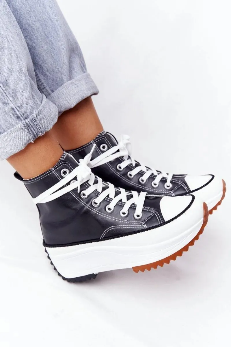 Trampki Damskie Wysokie>Boto Skórzane Trampki Na Platformie Czarne Coachella