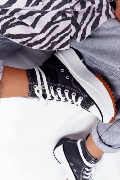 Trampki Damskie Wysokie>Boto Skórzane Trampki Na Platformie Czarne Coachella