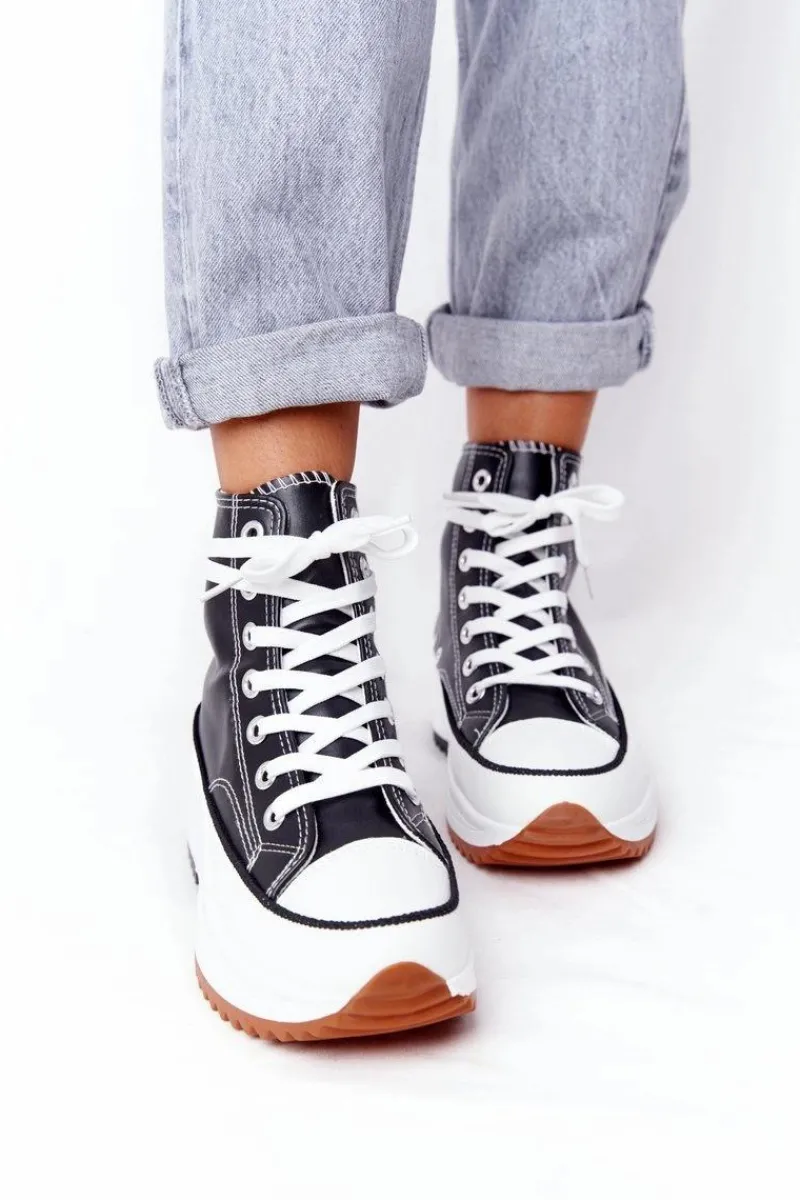 Trampki Damskie Wysokie>Boto Skórzane Trampki Na Platformie Czarne Coachella