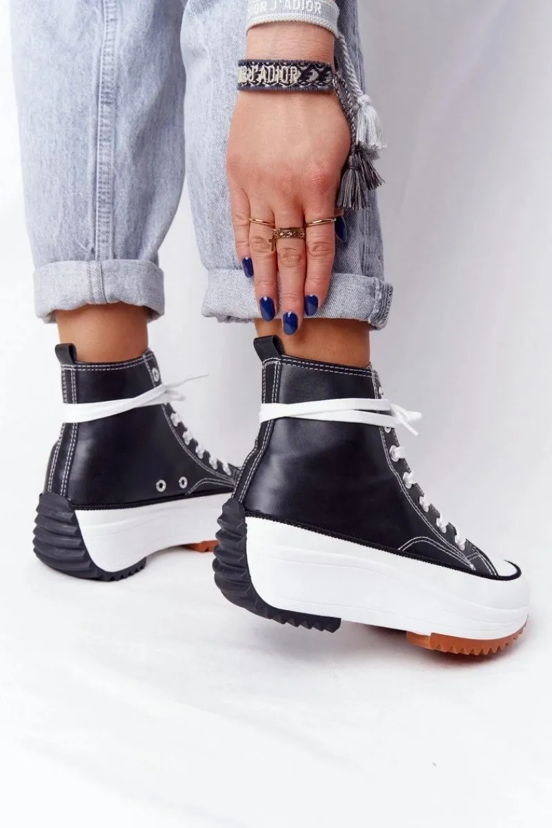 Trampki Damskie Wysokie>Boto Skórzane Trampki Na Platformie Czarne Coachella