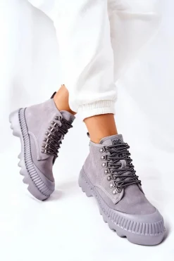 Big Star Shoes Skórzane Trapery Botki Big Star II274365 Szare