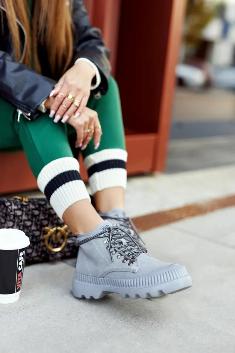 Big Star Shoes Skórzane Trapery Botki Big Star II274365 Szare