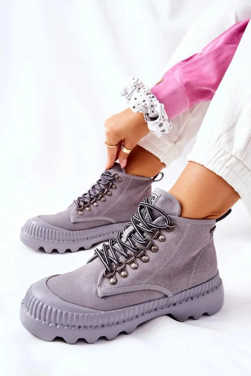 Big Star Shoes Skórzane Trapery Botki Big Star II274365 Szare