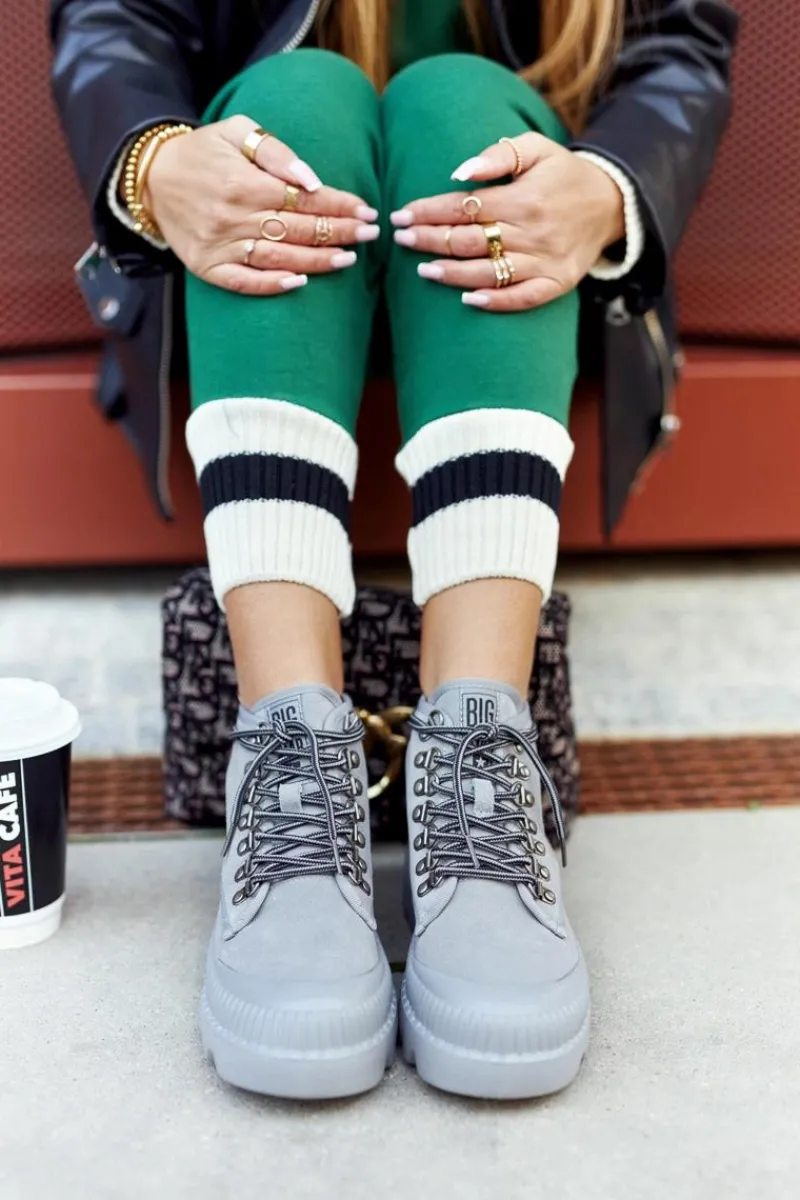 Big Star Shoes Skórzane Trapery Botki Big Star II274365 Szare