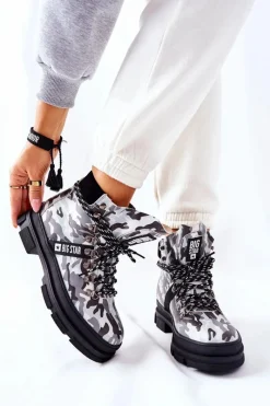 Discount Skórzane Trapery Botki Big Star II274368 Moro Czarne Damskie Damskie Trapery|Botki Skórzane