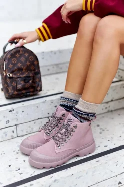 Damskie Trapery|Botki Skórzane>Big Star Shoes Skórzane Trapery Botki Big Star II274367 Różowe