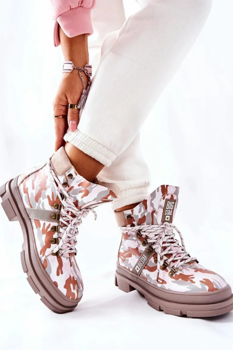 Skórzane Trapery Botki Big Star II274369 Moro Szare Damskie Damskie Trapery|Botki Skórzane