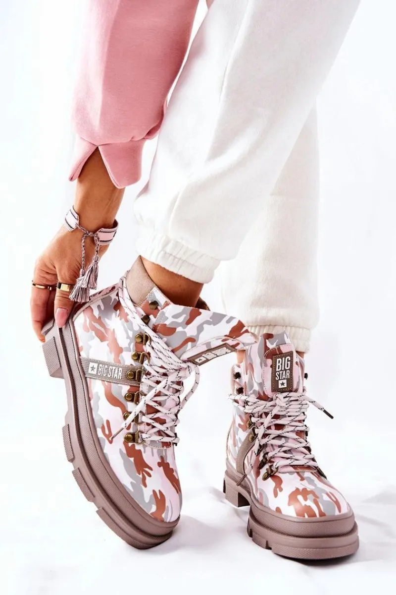 Skórzane Trapery Botki Big Star II274369 Moro Szare Damskie Damskie Trapery|Botki Skórzane