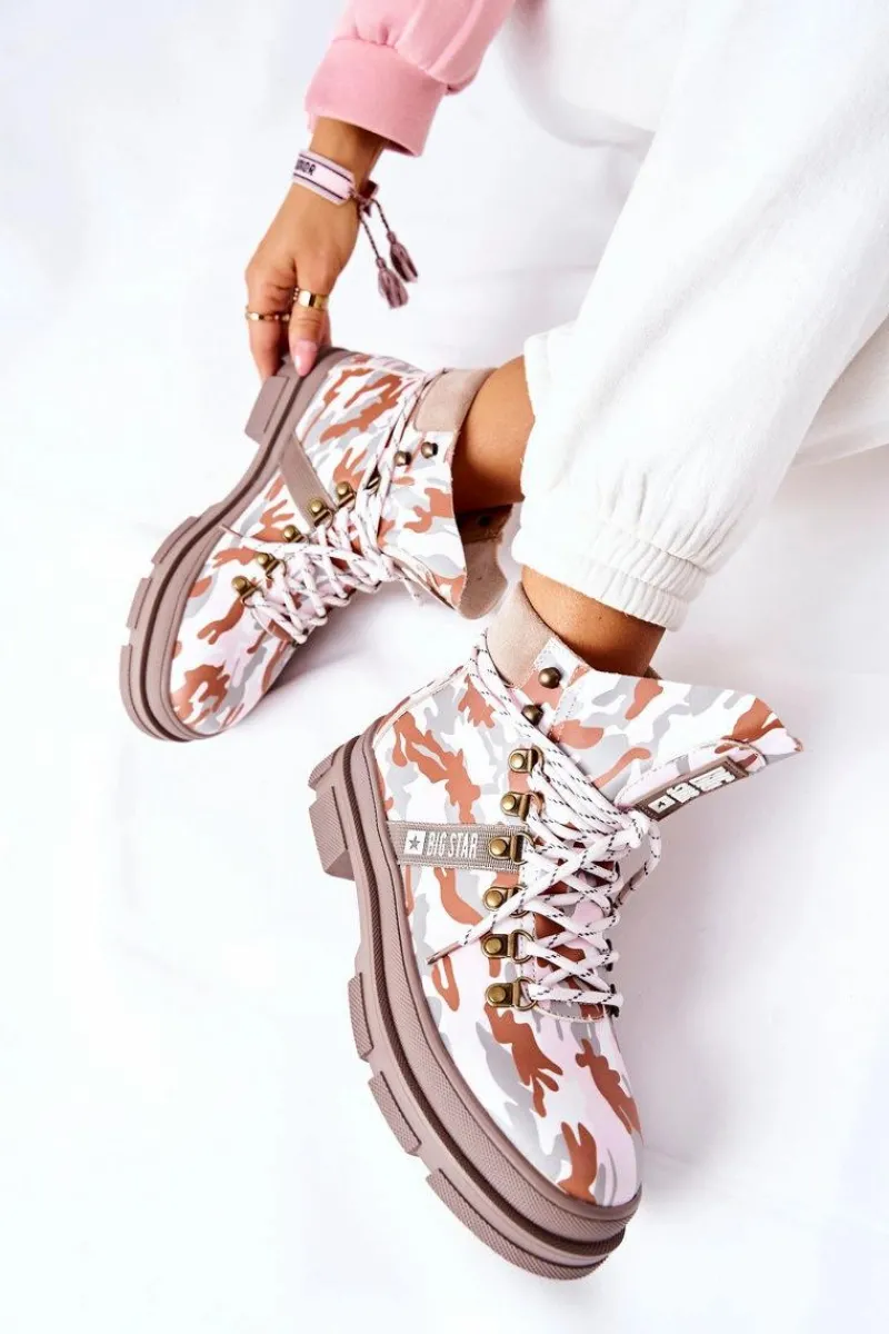 Skórzane Trapery Botki Big Star II274369 Moro Szare Damskie Damskie Trapery|Botki Skórzane