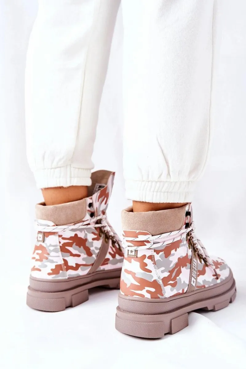 Skórzane Trapery Botki Big Star II274369 Moro Szare Damskie Damskie Trapery|Botki Skórzane